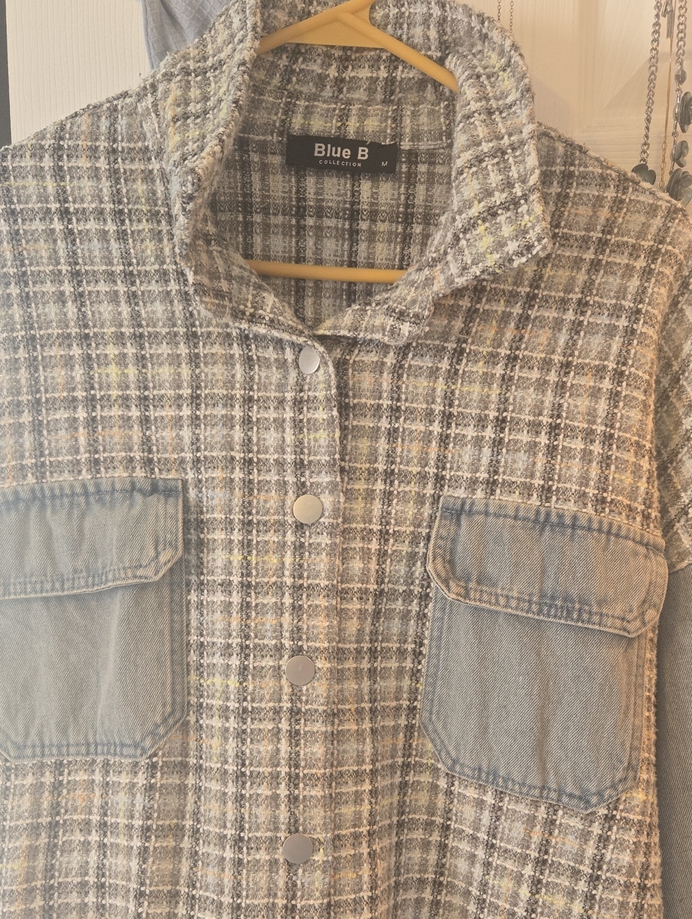 Blue B Gray Plaid Mixed-Media Jean Jacket